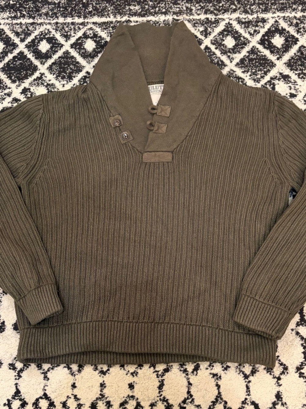 Duluth Trading Co Men XL Brigadier Army Green Shawl Collar Pullover Sweater GUC